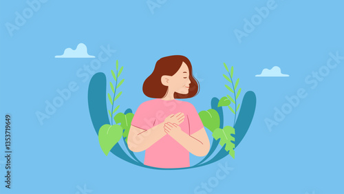 Happy peaceful middle aged woman with hand on kind heart, feeling self love, bliss, harmony, positive emotion. Care, humanity, selfhelp and peace concept.