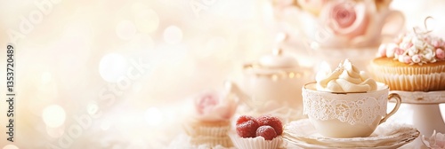 Delicate lace adorned high tea event banner featuring exquisite desserts