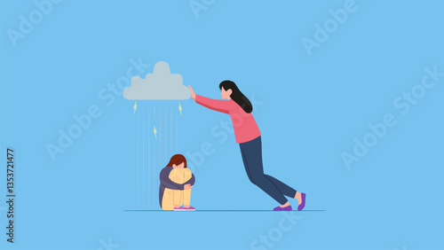 A woman pushed away the dark clouds that were above the sad ones. Care, humanity, empathy, help and peace concept