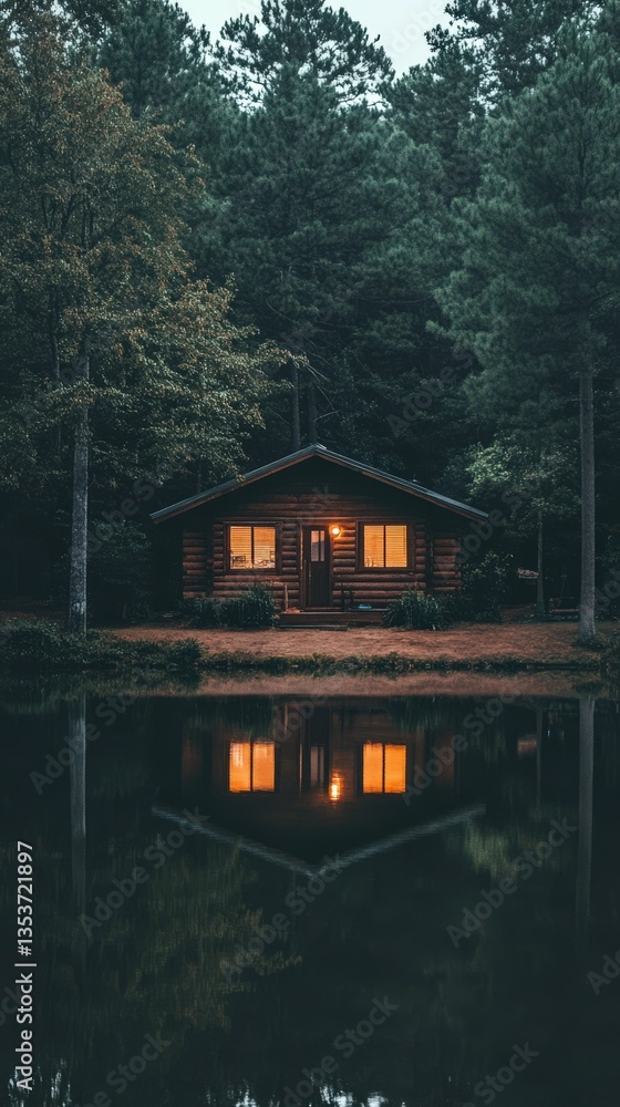 Fototapeta premium Lakeside cabin at dusk