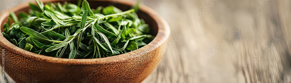 Fresh herbs in wooden bowl create vibrant and inviting atmosphere, perfect for culinary inspiration and healthy cooking