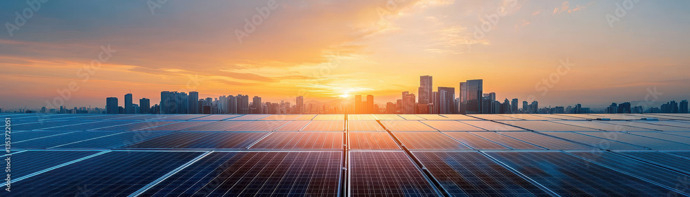 city skyline with solar panels on rooftops, showcasing vibrant sunset that evokes sense of sustainability and innovation