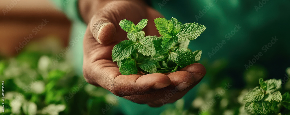 Fresh mint leaves held delicately in hand, showcasing vibrant green colors and intricate leaf patterns, evoke sense of nature beauty