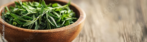 Obraz na płótnie Fresh herbs in wooden bowl create vibrant and inviting atmosphere, perfect for culinary inspiration and healthy cooking w salonie