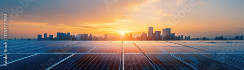 Obraz na płótnie city skyline with solar panels on rooftops, showcasing vibrant sunset that evokes sense of sustainability and innovation w salonie