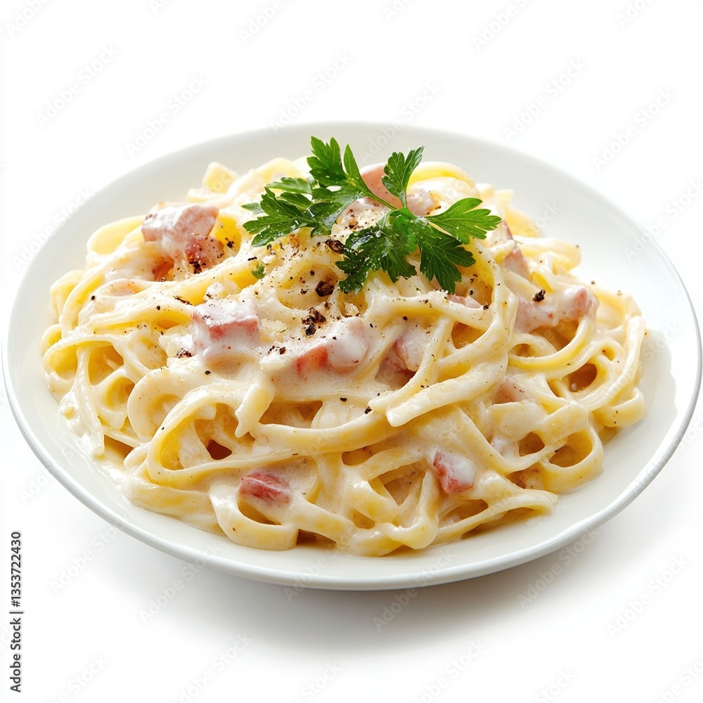 Creamy pasta dish with ham, parsley, and pepper. Creamy pasta dish with ham, parsley, and pepper.