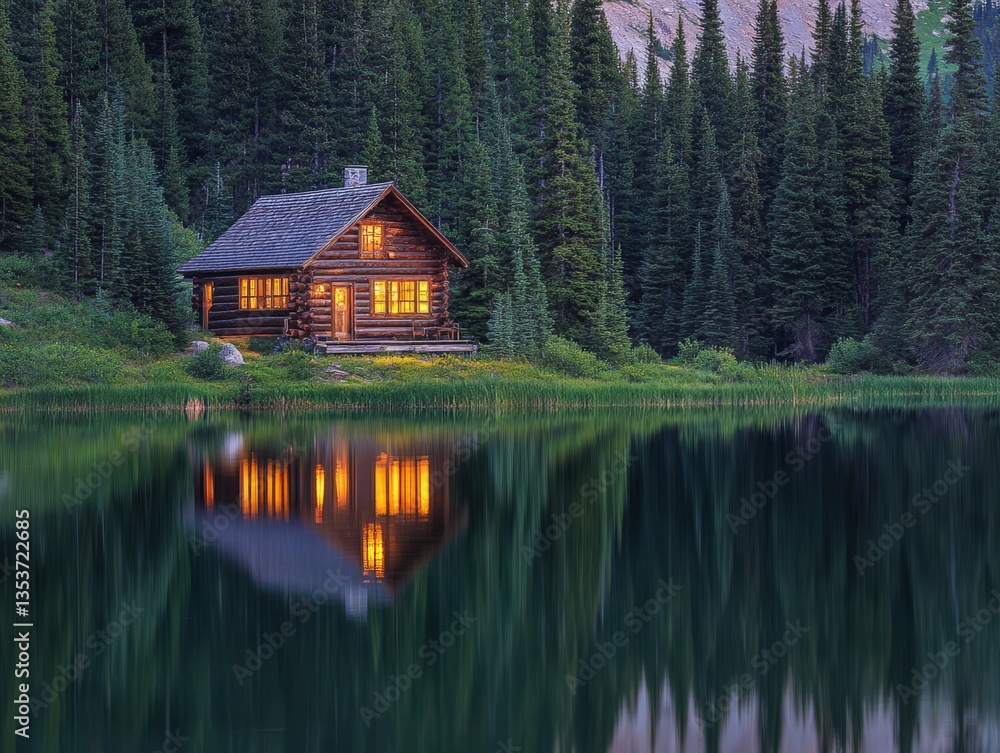 Fototapeta premium Serene wooden cabin by calm lake