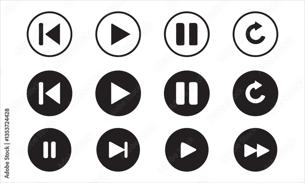 Media player icons. Play and pause buttons icon set, ideal for media players. Vector illustration Eps 10 Media player icons. Play and pause buttons icon set, ideal for media players. Vector illustration Eps 10
