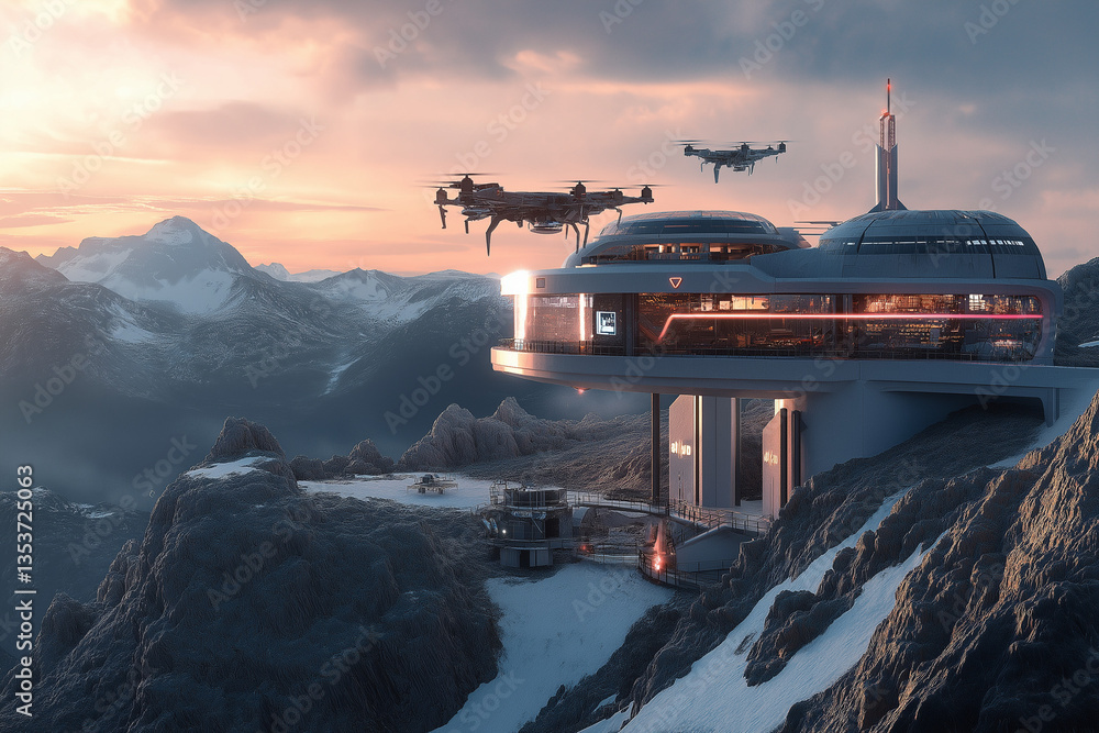 Obraz premium A high-tech research facility in the mountains with design merges nature and innovative technology seamlessly