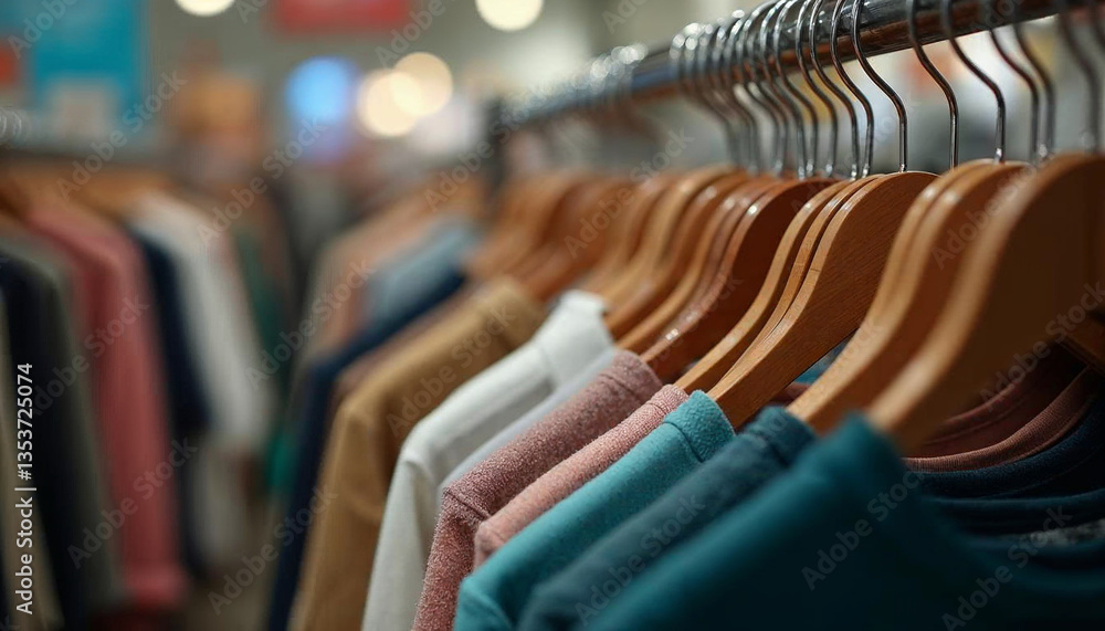 Obraz premium Neatly arranged shirts on wooden hangers in a clothing store. Perfect for fashion, retail, and shopping themes.