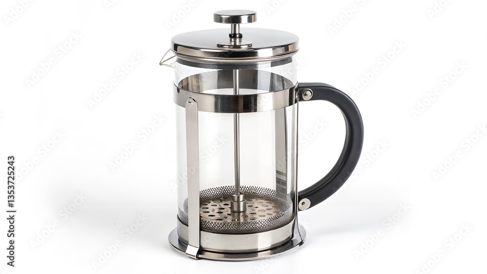 Stainless Steel French Press Coffee Maker, Isolated on a White Background, designed for rich and flavorful coffee brewing, Clean and Modern Beverage Accessory Stock Photo Stainless Steel French Press Coffee Maker, Isolated on a White Background, designed for rich and flavorful coffee brewing, Clean and Modern Beverage Accessory Stock Photo