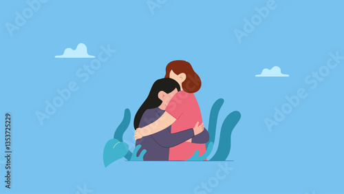 A woman giving warm hug to a sad woman. Care, empathy, humanity, help and peace concept.