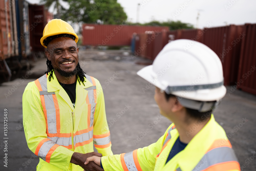 African American engineer hand shake with Caucasian engineer at container site African American engineer hand shake with Caucasian engineer at container site