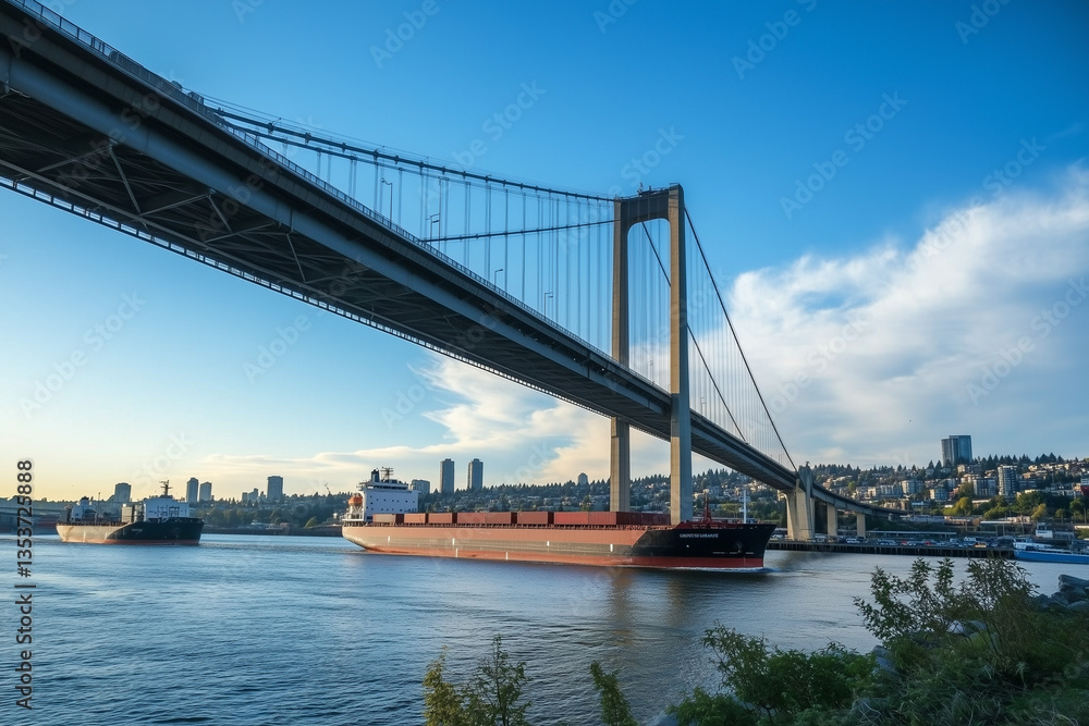 Naklejka premium A massive bridge spanning across a river with cargo ships showcasing engineering genius in motion