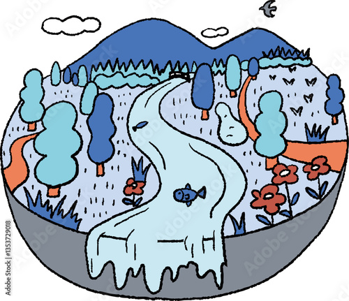 山　川　自然　手描き線画　ベクター