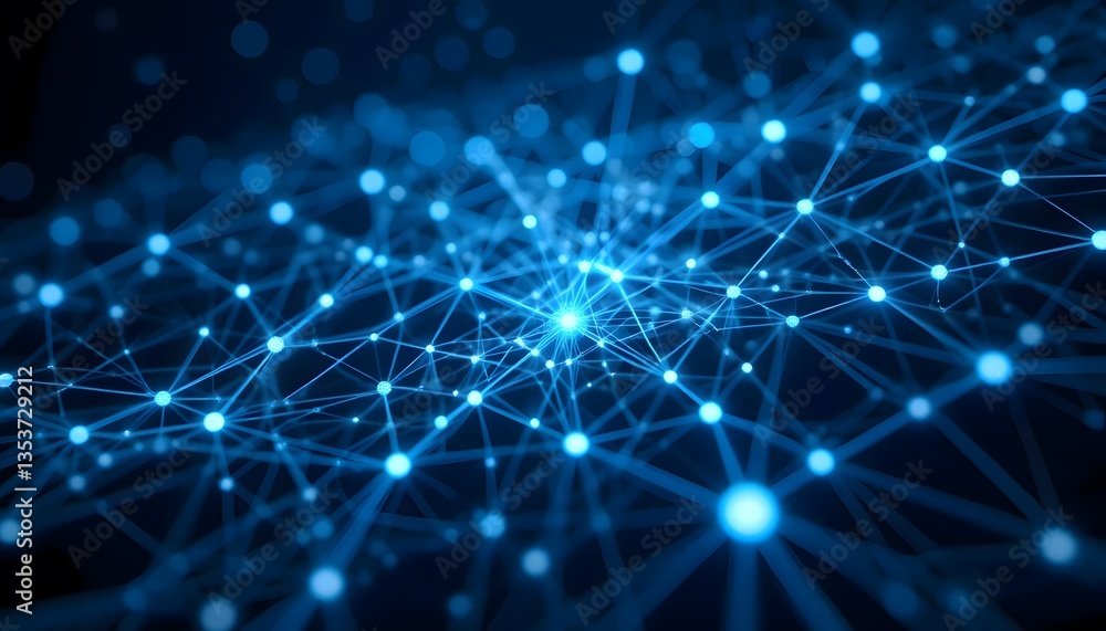 Obraz premium Abstract Blue Glowing Network with Connected Nodes and Lines on Dark Background,;