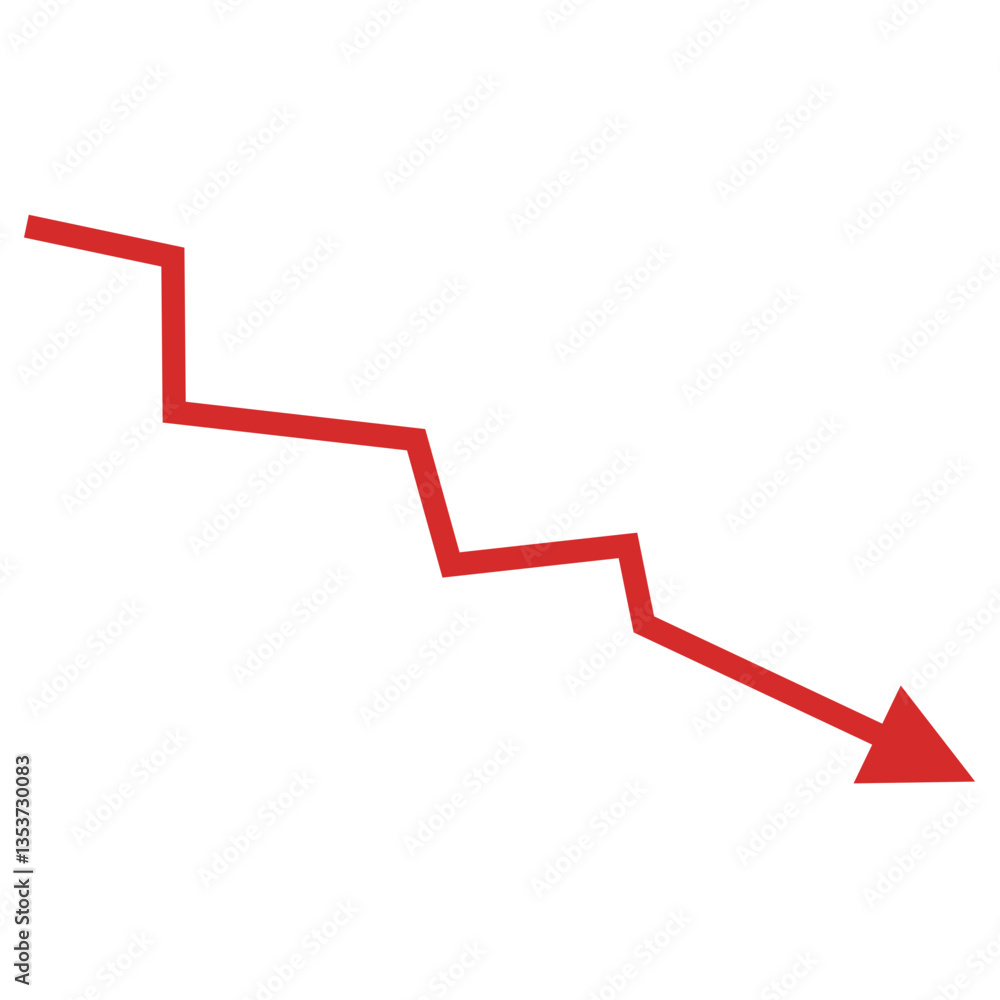 Red arrow going down stock icon. Financial market crash icon for your website design. Graph chart downtrend symbol. Red arrow going down stock icon. Financial market crash icon for your website design. Graph chart downtrend symbol.