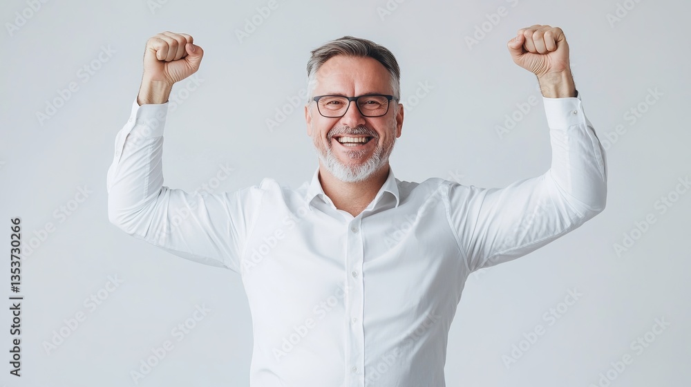 Naklejka premium Happy Middle Aged Businessman Celebrating Success in Professional Attire