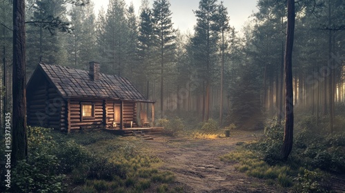 Secluded log cabin nestled deep within a tranquil and dense pine forest