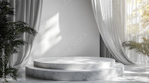 Sunlit marble podium with plants and curtains.