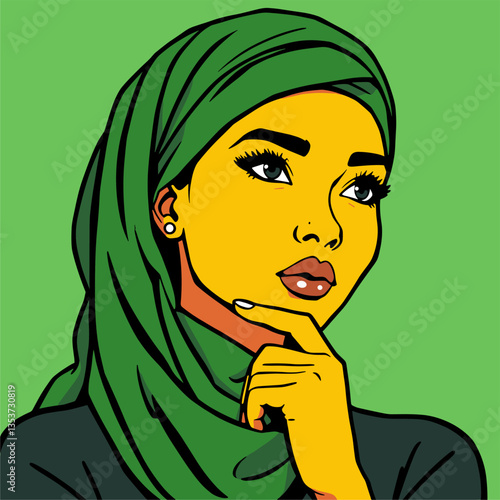 With a green hijab and a thoughtful pose, this emoji captures a moment of quiet contemplation