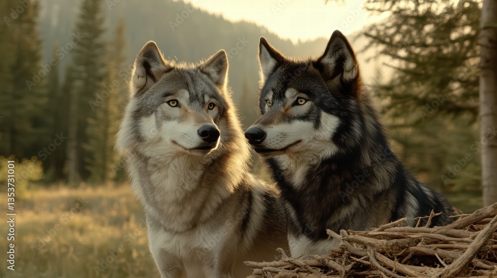 Majestic Wolves in Natural Habitat during Golden Hour Light Majestic Wolves in Natural Habitat during Golden Hour Light