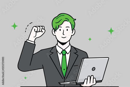 Successful Project Completion: Man with Laptop, Fist Pump, Achieving Goals. 