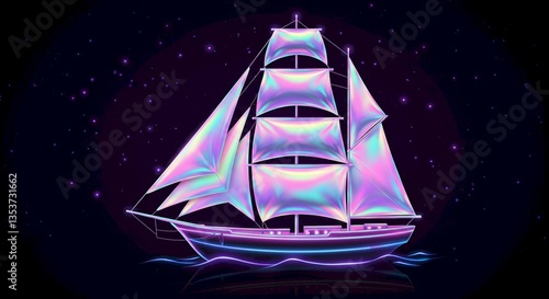 Iridescent Sailboat Night Sea Neon Glow Stars Background