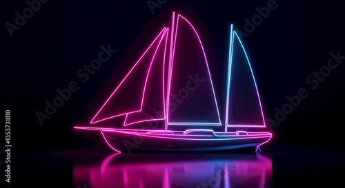 Neon Sailboat Glowing Yacht Night Scene Pink Blue Lights Abstract Art Modern Design Luxury Travel