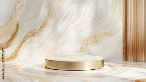 Golden pedestal on marble backdrop