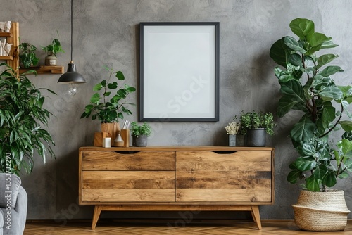 wooden cabinet with framed picture and potted green plants in a cozy room