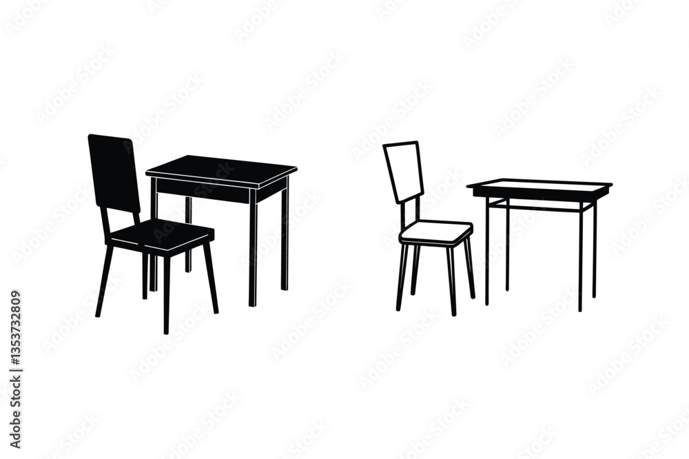 Simple Desk and Chair Illustrations Two Styles, Black and White Simple Desk and Chair Illustrations Two Styles, Black and White