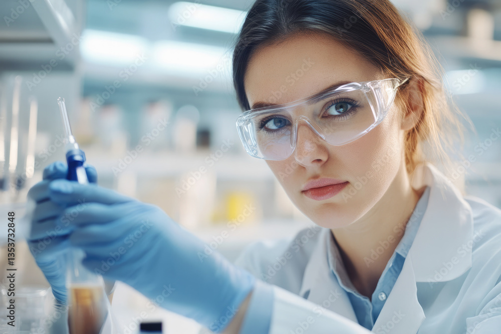 focused scientist wearing safety goggles in laboratory focused scientist wearing safety goggles in laboratory