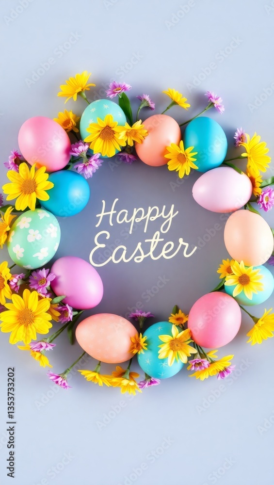 Colorful Easter Egg and Flower Wreath with 'Happy Easter' Text on Gray Background Colorful Easter Egg and Flower Wreath with 'Happy Easter' Text on Gray Background