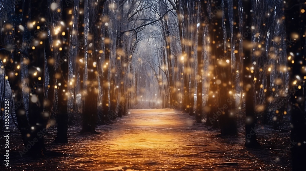Obraz premium Magical Winter Forest Path Glowing Lights Snow