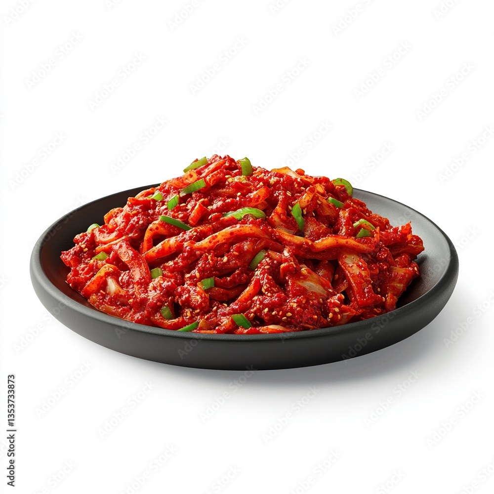 Spicy red kimchi served on black plate. Spicy red kimchi served on black plate.