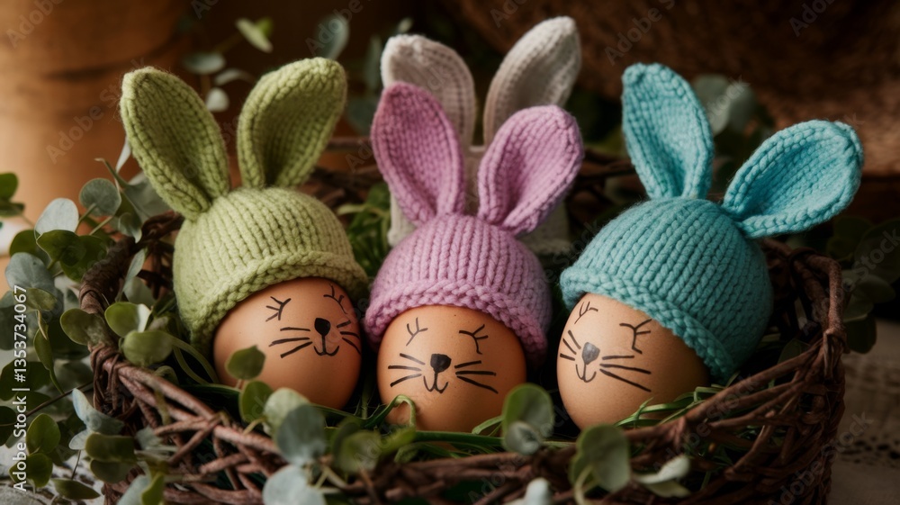 Cozy Easter Scene with Knitted Bunny Hats on Eggs in a Rustic Basket Cozy Easter Scene with Knitted Bunny Hats on Eggs in a Rustic Basket