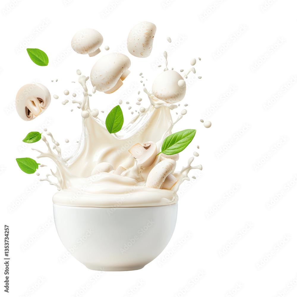Creamy mushroom splash in a bowl with fresh leaves Creamy mushroom splash in a bowl with fresh leaves