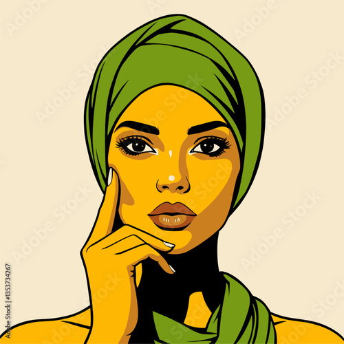 A calm and confident woman with a stylish headscarf, gazing with intensity