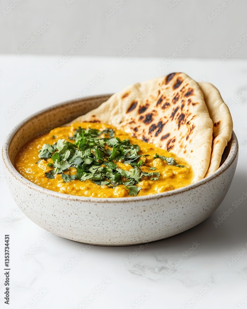 A delicious bowl of yellow lentil curry garnished with fresh herbs served with naan bread A delicious bowl of yellow lentil curry garnished with fresh herbs served with naan bread
