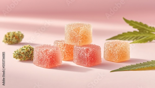 CBD gummies with cannabis leaf, and pink background.