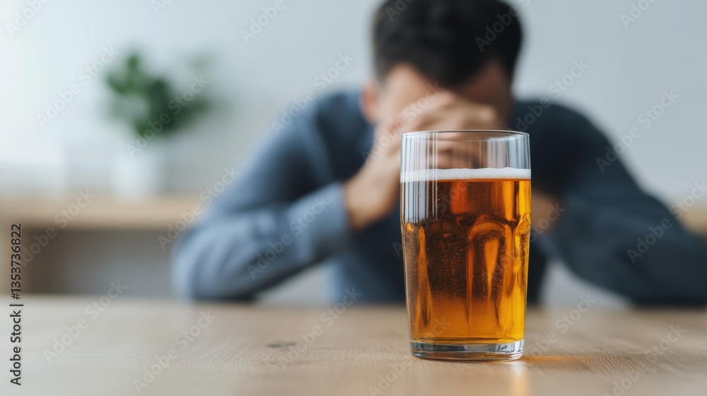 A man and a beer glass, with the man sleeping on the table behind, symbolizing stress and burnout from work A man and a beer glass, with the man sleeping on the table behind, symbolizing stress and burnout from work