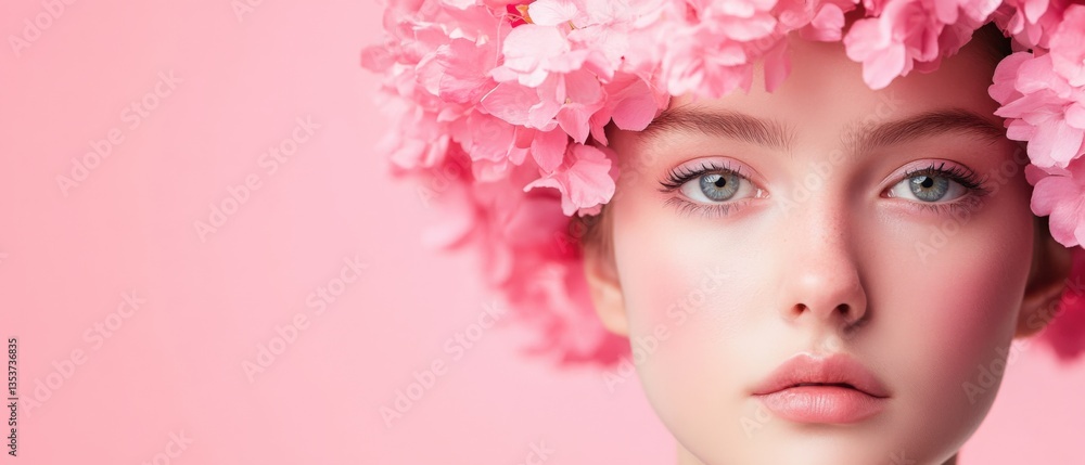 Woman with pink floral headdress Woman with pink floral headdress