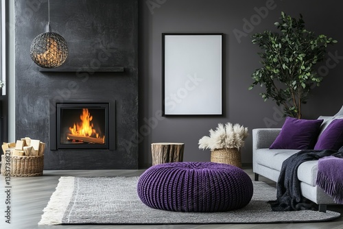 a cozy living room with a fireplace and stylish decor. A framed print hangs on the wall above a purple ottoman in front of a sofa.