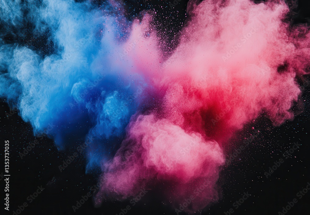 Fototapeta premium Colorful smoke explosion in blue and red hues creating an abstract background with fine particles against a black backdrop for artistic designs and presentations