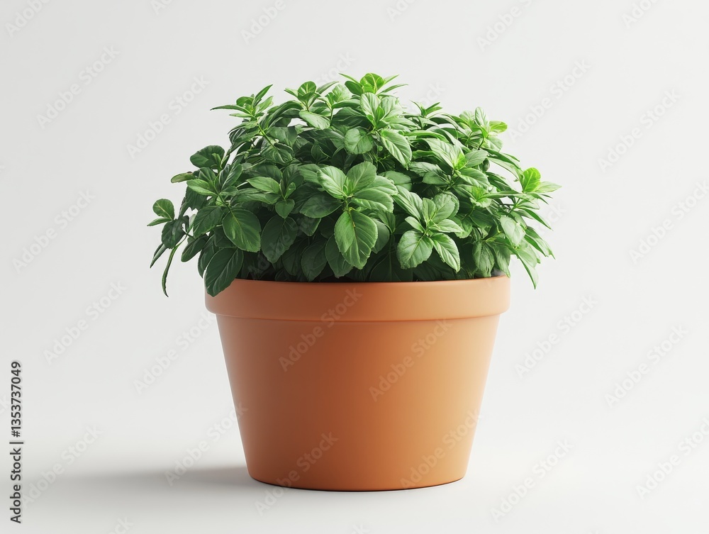Obraz premium Green Leafy Plant in Clay Pot on White Background - Close-up of a Healthy and Vibrant Houseplant, Perfect for Adding a Touch of Nature to Your Home Decor
