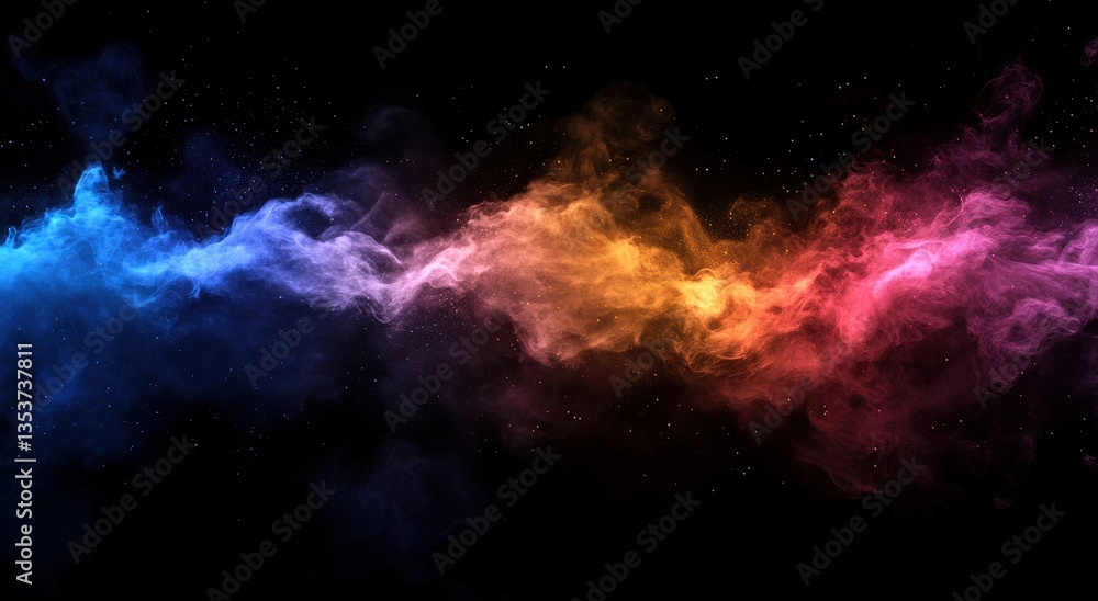 Fototapeta premium Colorful Smoke Swirls in a Cosmic Setting with Diverse Shades of Blue, Orange, Pink, and Purple Against a Deep Black Background