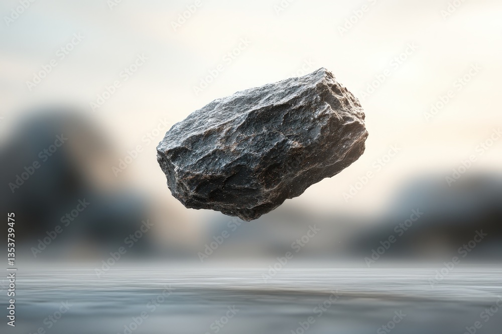 Fototapeta premium A solitary rock floats above a reflective and blurred surface