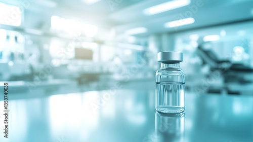 Close-up of a vaccine vial on a sterile table with medical equipment, representing healthcare innovation, medical research, and public health discussions.

