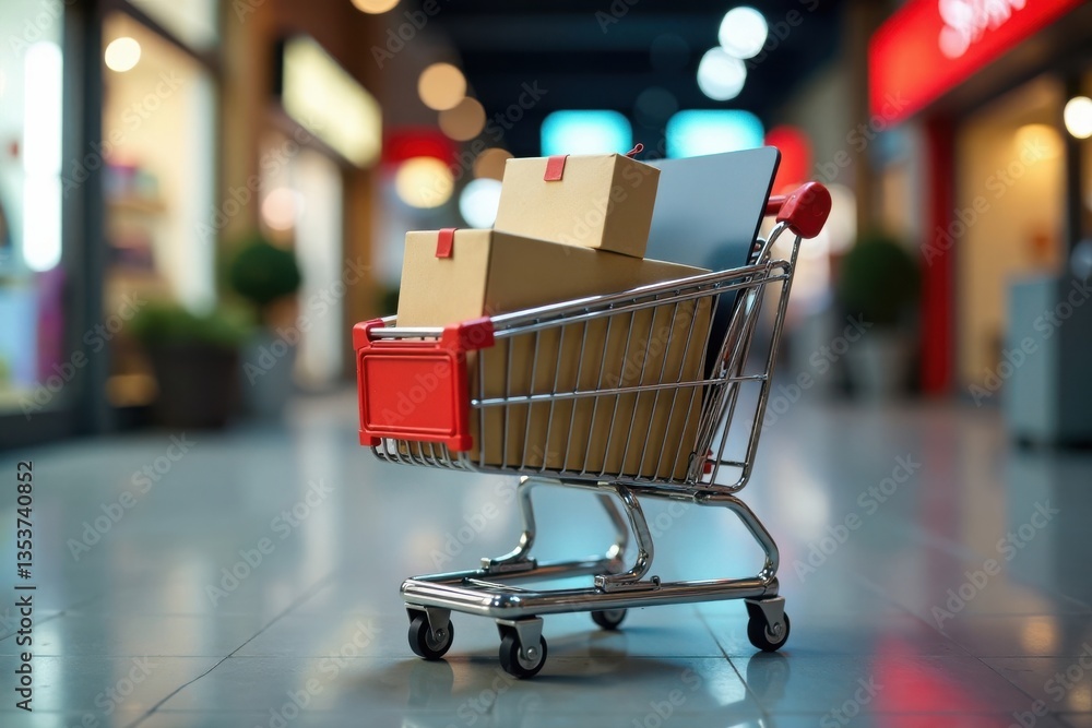 A cart with laptop computer, shopping bag and product package boxes, delivery, products A cart with laptop computer, shopping bag and product package boxes, delivery, products